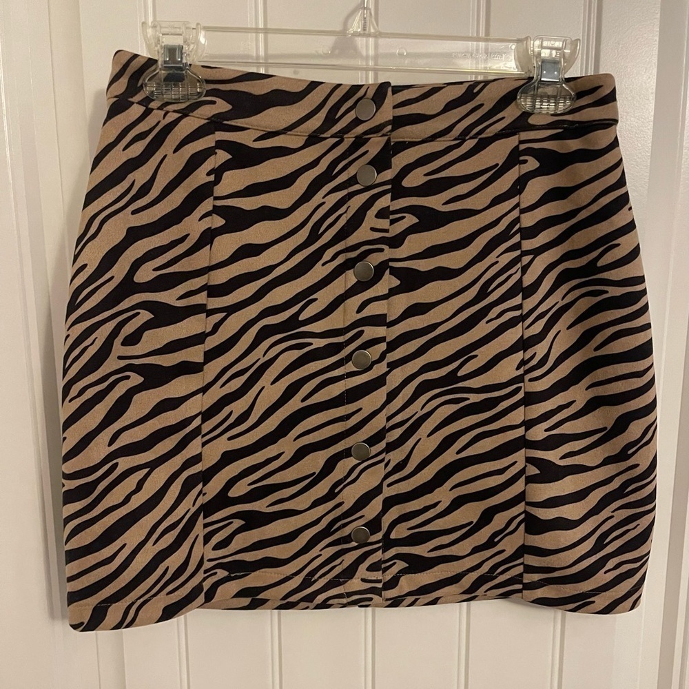 Suede Akaiv zebra Print , black and gold/tan‎ stripes snap front Mini Skirt